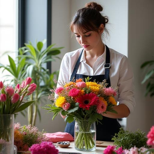 Eine Meisterfloristin arrangiert sorgfältig einen Blumenstrauß in einer modernen Werkstatt.