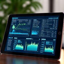 Ein Tablet zeigt Datenanalysen und Graphen an.